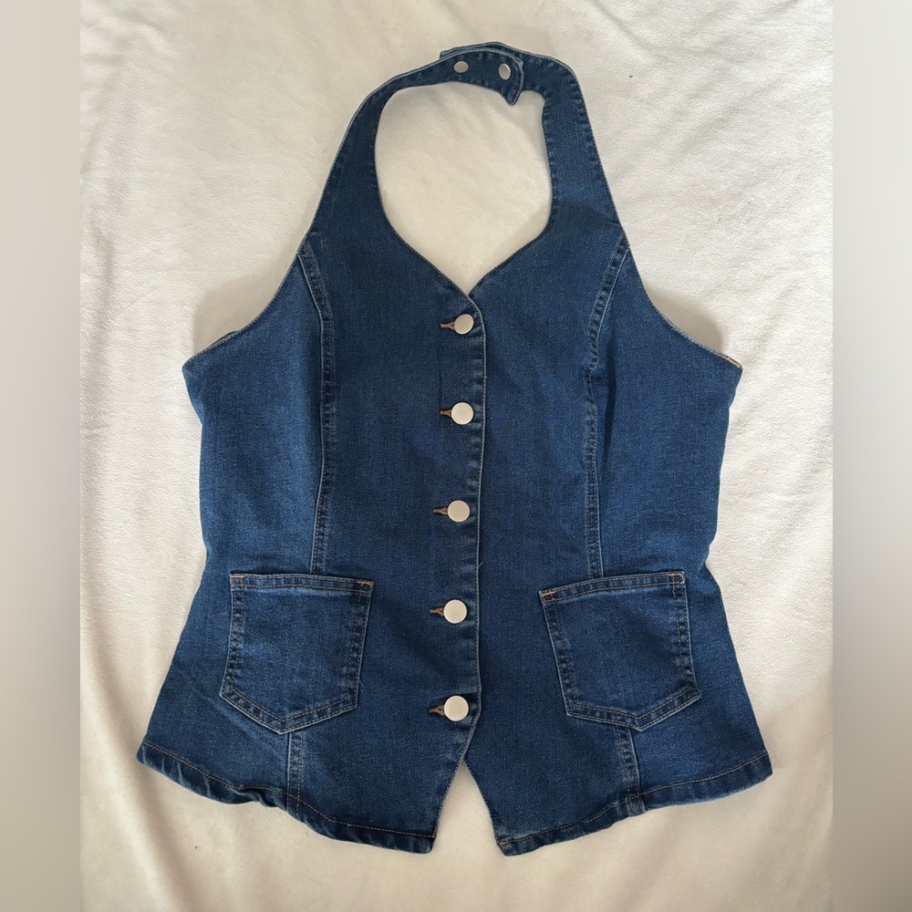 Denim Halter Top with Button Front